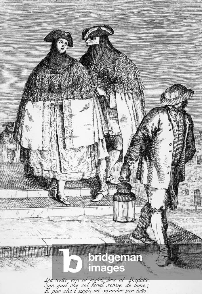 A man with a lantern followed by poeple wearing costums during Venice carnival, engraving, 19th century