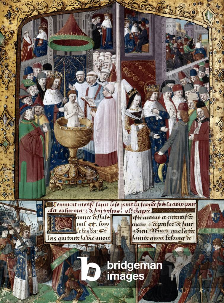Departure of French king Louis IX (Saint Louis, 1214-1270, king in 1226 a 1270) for 8th crusade in 1270 and his death in Tunis, illumination by Jean Fouquet for 