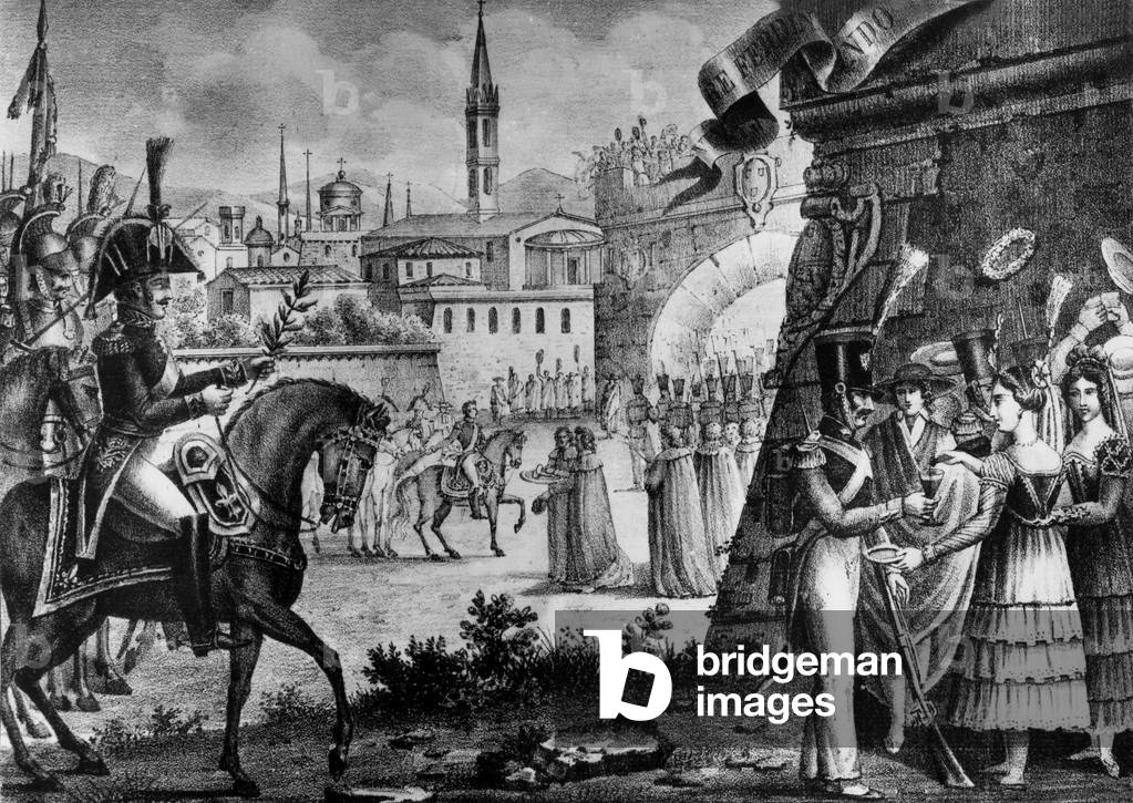 Spanish Civil War : French army in Madrid, Spain, on may 23, 1823, on l : duke of Angouleme, engraving by A. Cheyere