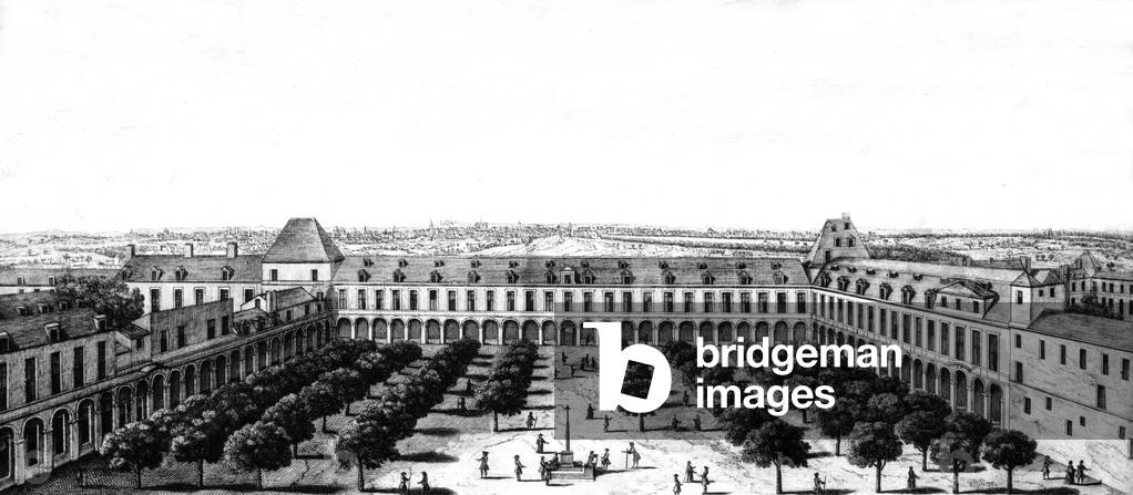the courtyard of the Bicetre hospital in Paris, engraving 18th century
