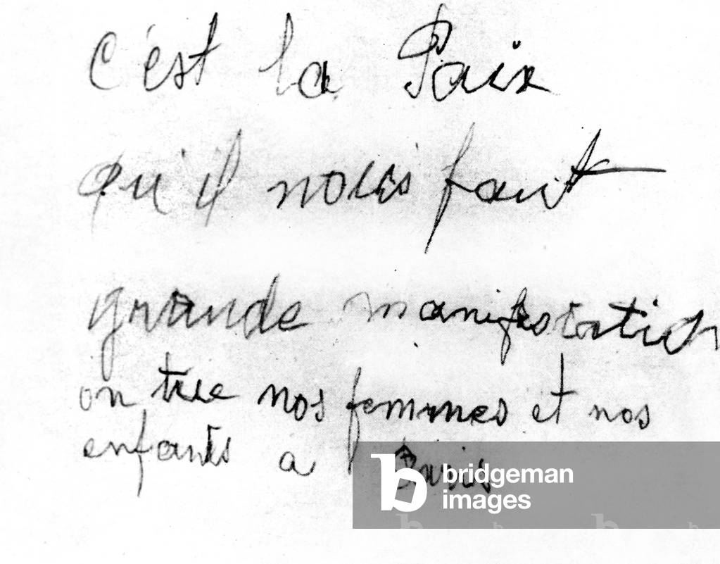 Pacifist leaflet written by mutineers during the first World war, c.1917. Between april and june 1917, soldiers organized mutinis in trenchs