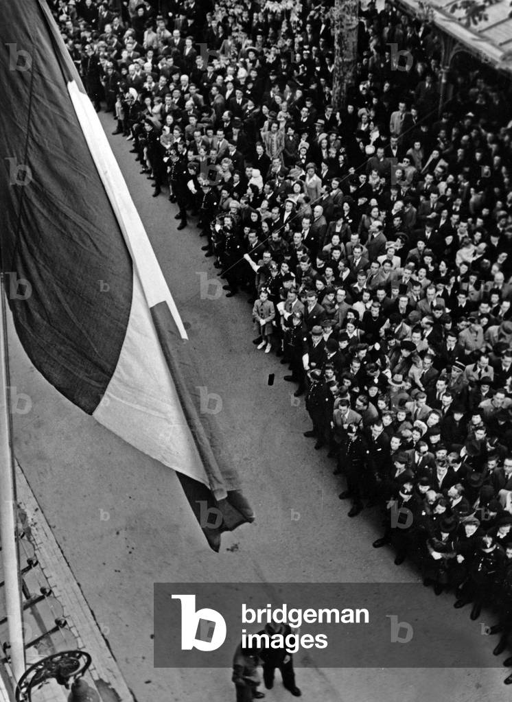 The crowd in Vichy, France, cheering French marshal Philippe Petain before his departure for Paris may 7, 1944