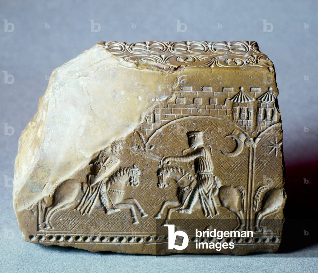 engraved stamp stone with knights design dating first half 13th century, photo by Hubert Josse