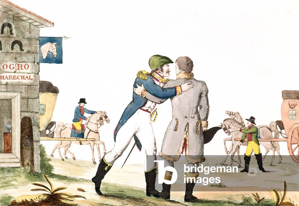 cartoon of French emperor Napoleon 1st betrayed by marshal Augereau (who urged his soldiers to adopt the white cockade of the Bourbons et denounced Napoleon as a tyran on april 16, 1814), engraving in 1814