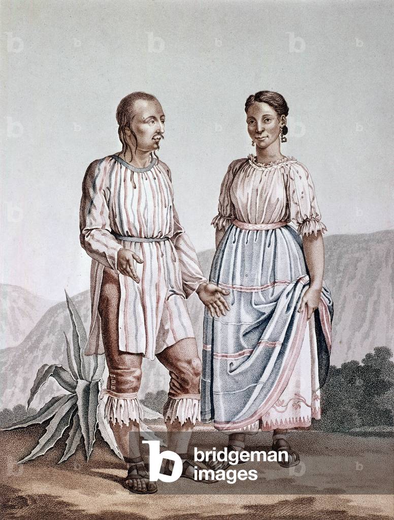 Costums of Indians from Mechoacan (Mexico), engraving, 19th century
