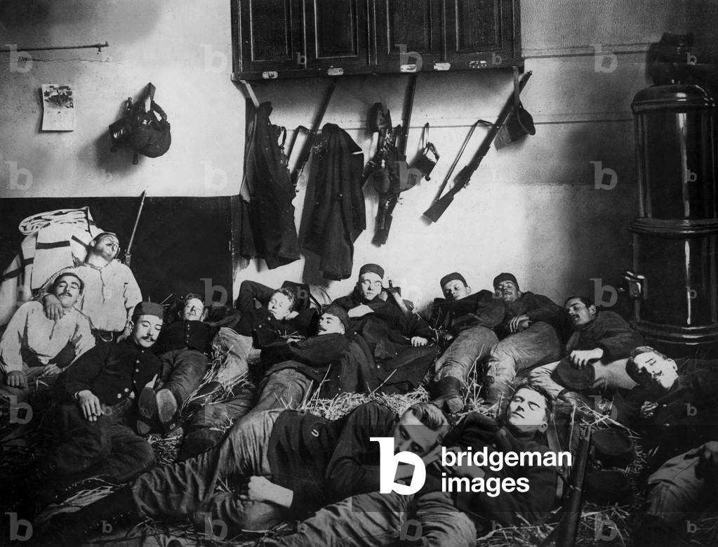Belgian soldiers sleeping with rifle in the hand, ready for the alert in Liege, 1st world war