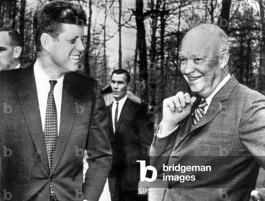 Presidents Dwight Eisenhower and John Kennedy meet after the failed Bay of Pigs invasion. Camp David, Maryland. April 22, 1961 photo NARA