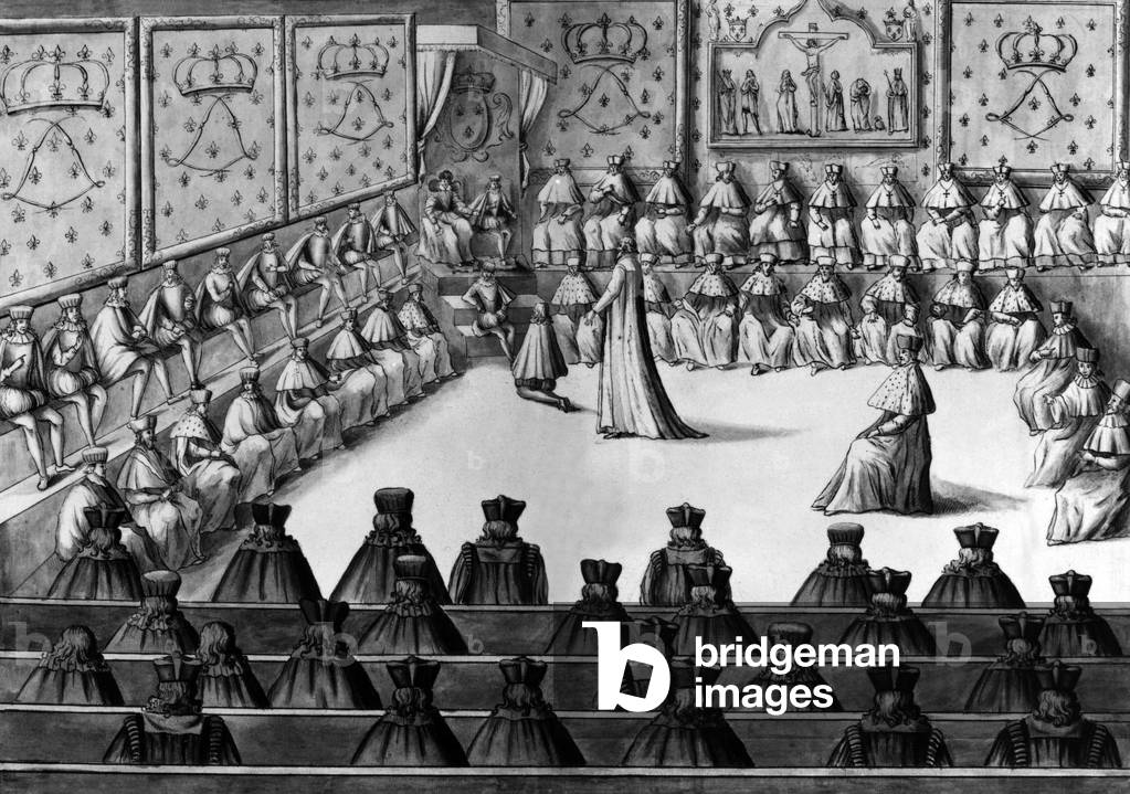 Lit de justice (formal session of the Parlement of Paris) on may 15, 1610 : Louis XIII proclaimed king, his mother Marie de Medicis is regent during his minority, engraving