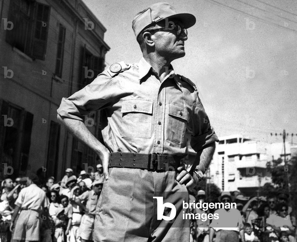 Yigal Allon, one of the commandants in chief of the Palmach (a Zionist pre-state militia), during parade on the day of Israel independence , Tel Aviv may 1948