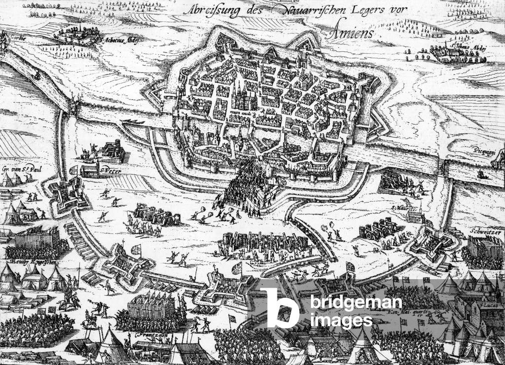 Siege of Amiens in 1597 : French victory against Spanish, engraving