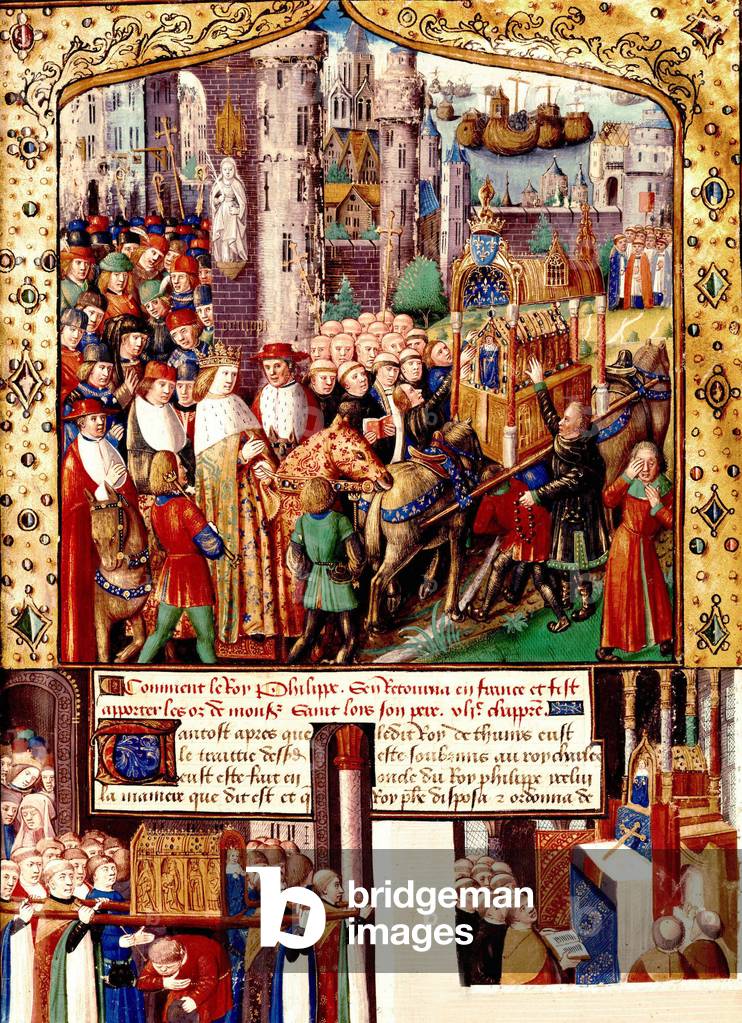 French king Philip III bringing back in Paris the remains of his father Louis IX (Saint Louis), illumination