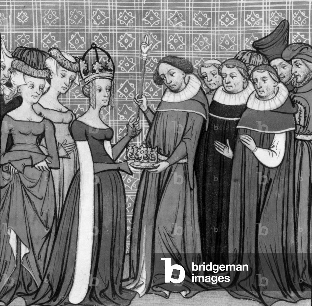 French king Louis II the stammer (846-879) French king in 877-879 receiving crown and justice hand from Richilde, illumination from 