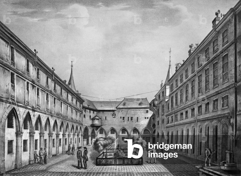 The Conciergerie, Paris : main yard, engraving after Collard, 1831
