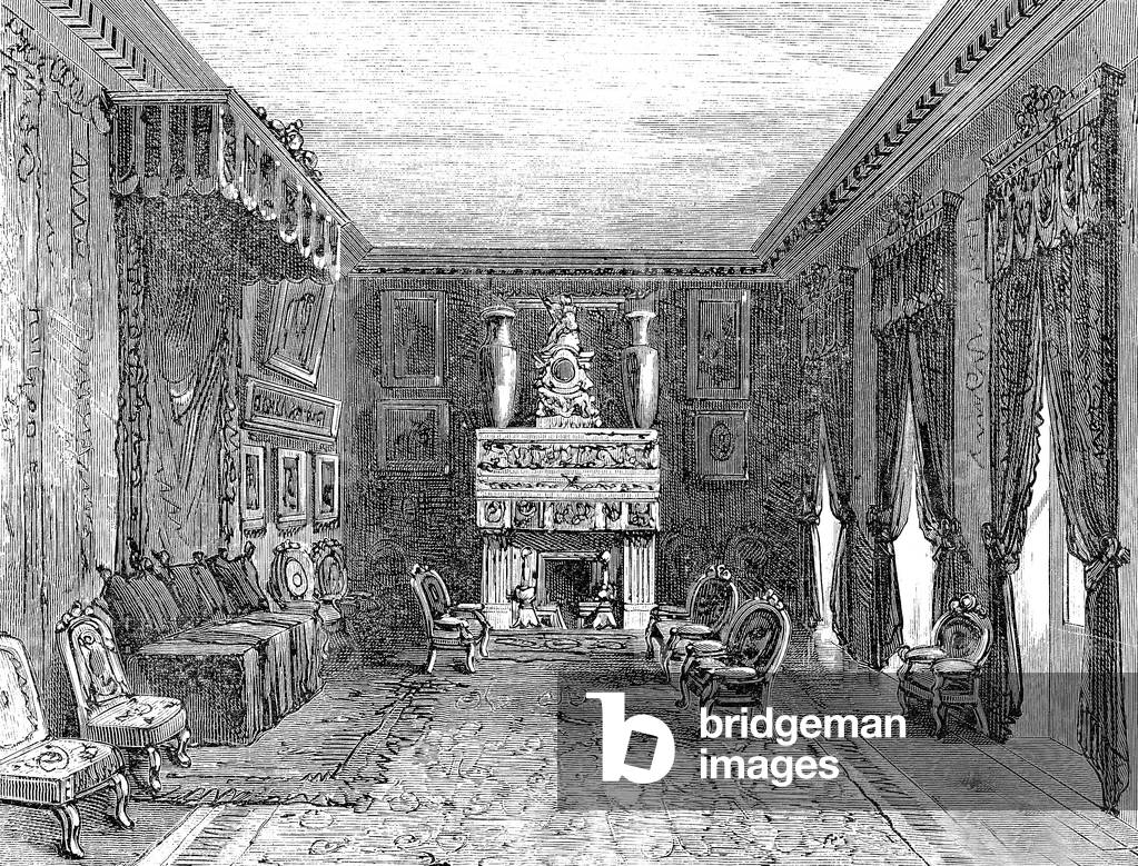 French writer Victor Hugo's lounge in his parisian home, engraving, 19th century