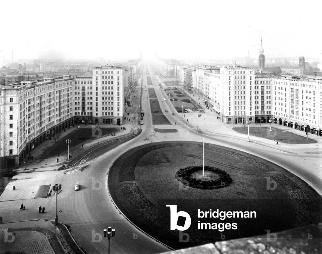 General View of the road Stalin (known also under the name of road Karl-Marx) in Berlin with buildings built in the socialist architectural style 1953