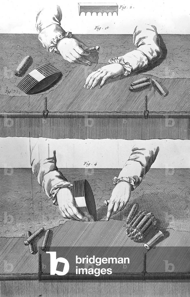 weaving loom of the workshop named les Gobelins in Paris, engraving from 