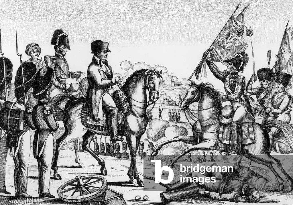 Iena battle led by French emperor Napoleon 1st on october 14, 1806 against prussian army (French victory) : here prince Murat bringing flags back, engraving