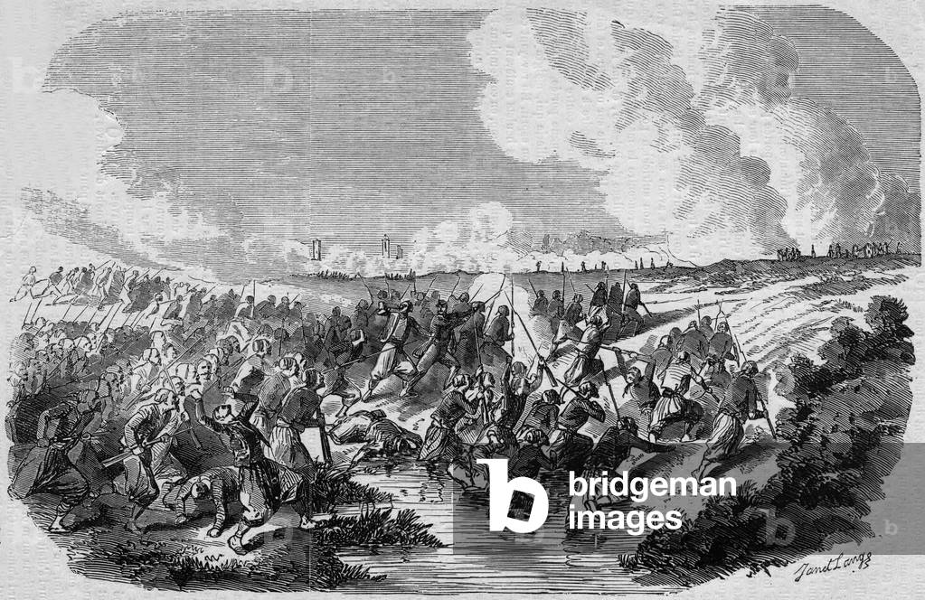 Zouaves (members of French colonial army) at Palestro battle (Italy) which took place on may 30, 1859 (French victory against Austrians), engraving