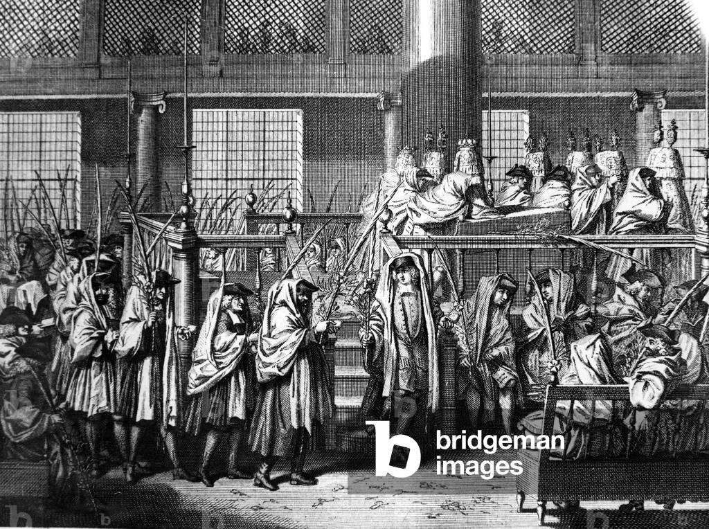 Soukkot celebration in a portuguese synagogue, engraving by Bernard Picart 1724