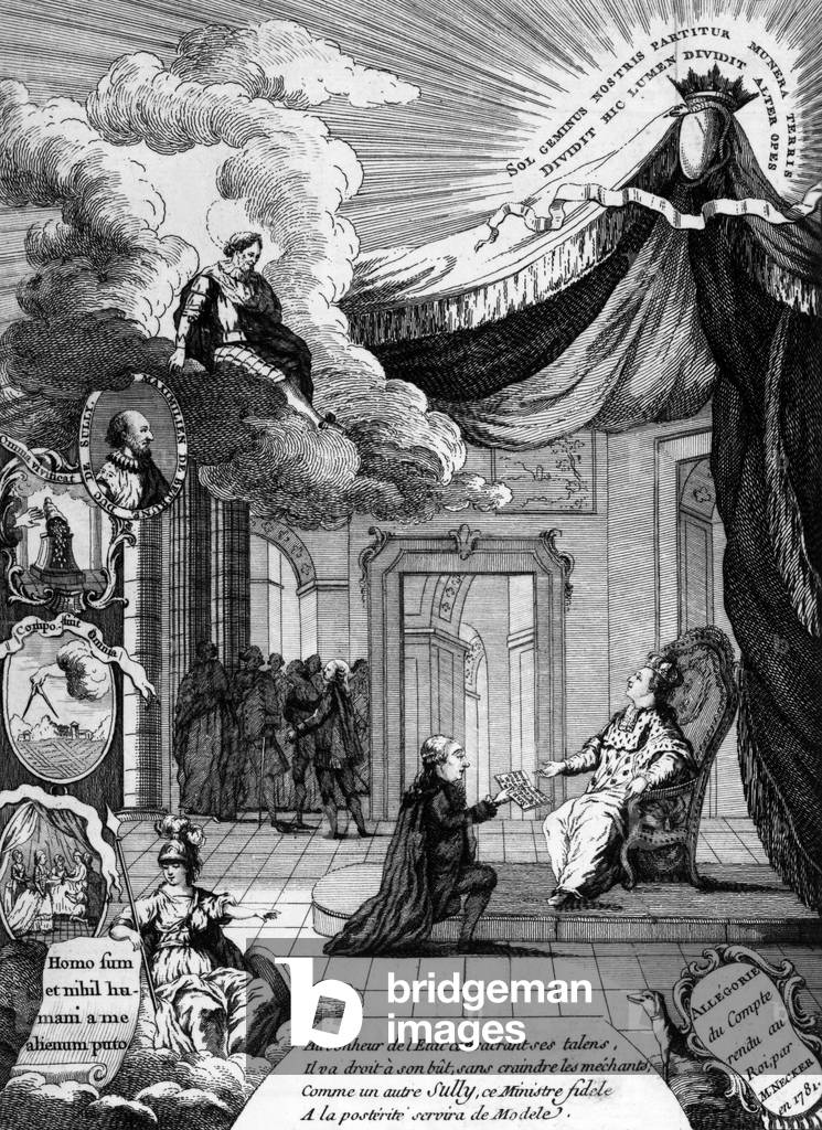 Allegory of the report to French king Louis XVI by popular finances director Jacques Necker in 1781, engraving