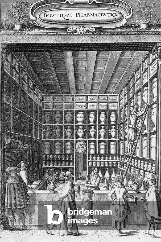 pharmaceutical shop in the 17th century, engraving