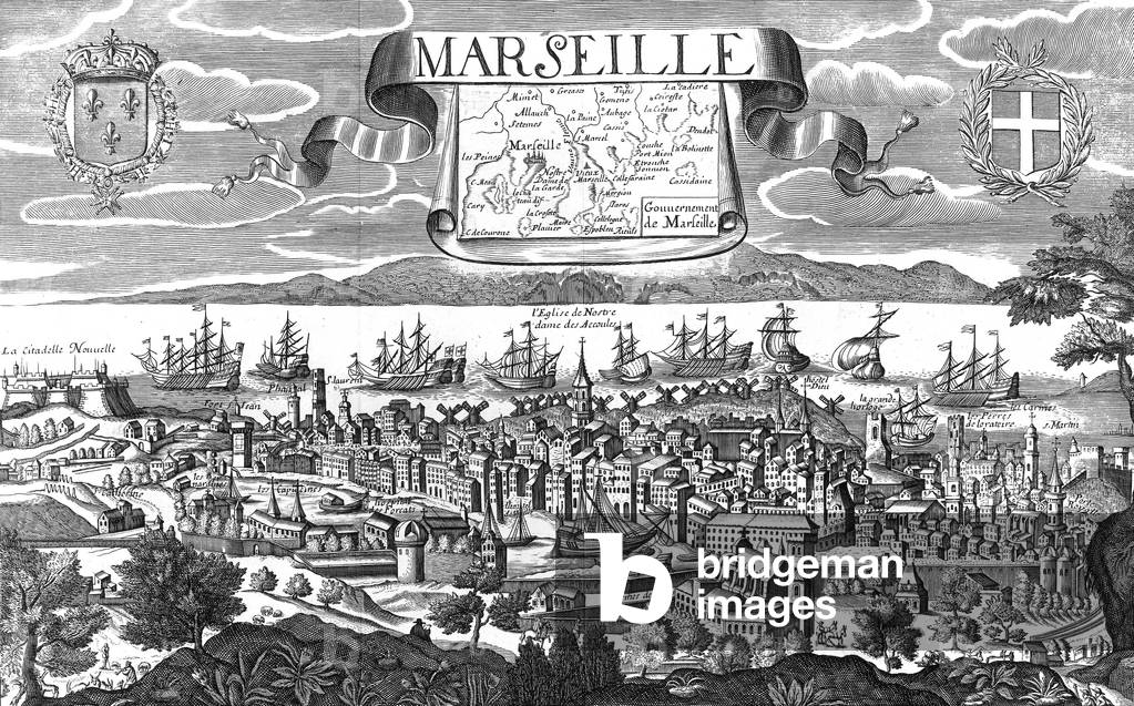 View of the harbour and city of Marseille, France (on the waterfront, we see the mills) in the 17th century, engraving