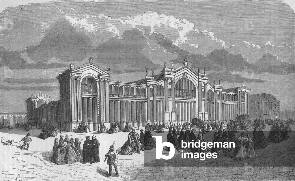 the new northern station in Paris built in 1861-1865 under the Second Empire, engraving