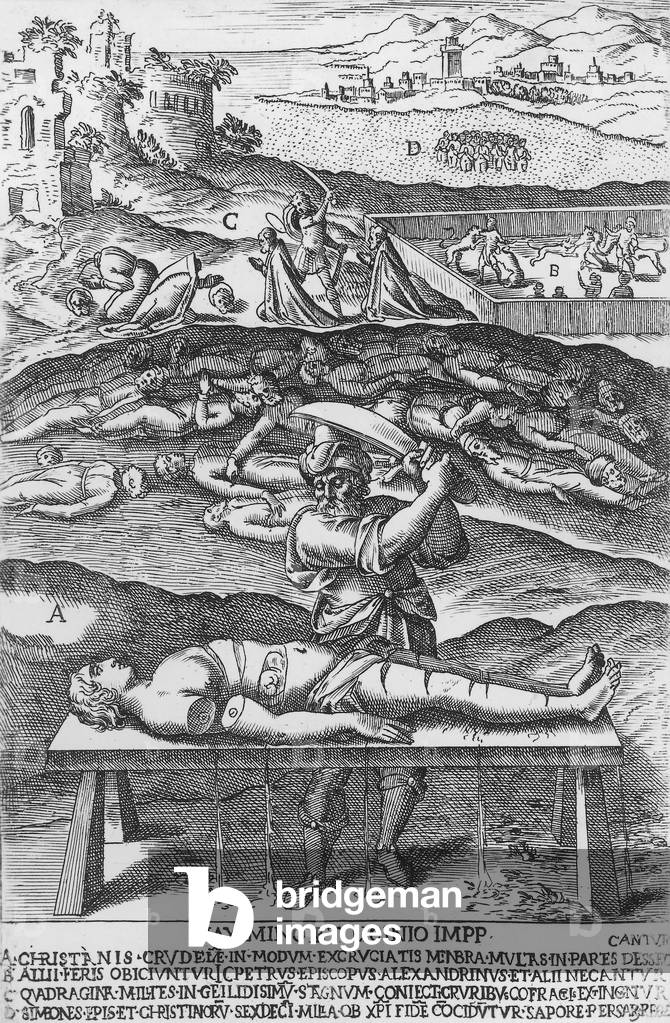 Different scenes of martyrdom during primitive Christianity, engraving (16th century)