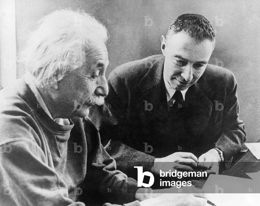 Albert Einstein talking with Julius Robert Oppenheimer the director of Institute of Advanced Studies, 1947 (b/w photo)
