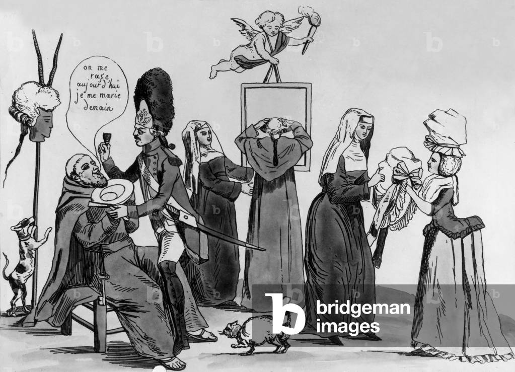 Anticlerical caricature about wedding of clergymen and nuns, 1790, France