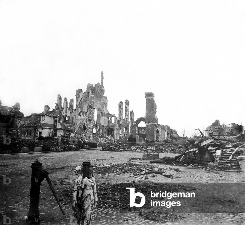 Ruins of church in Merville north of France after german bombings on april 1918