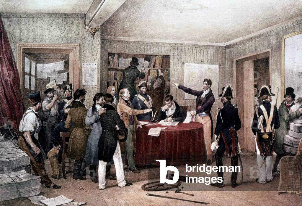 Seizure of the printing press of newspaper National july 27, 1830 at the time of the Rulings restoration of censorship July Monarchy, engraving