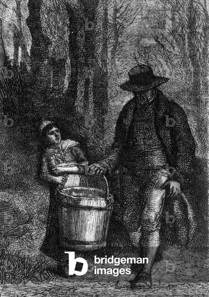 Cosette and Jean Valjean, illustration for novel by Victor Hugo 