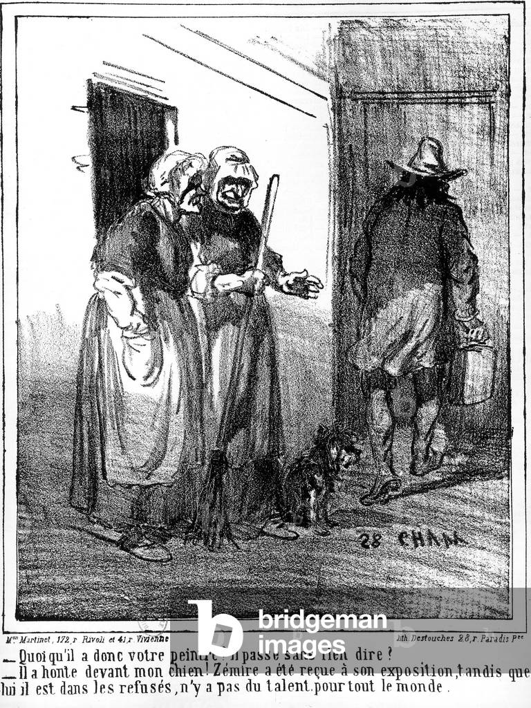 Cartoon by Cham about impressionist paintersn in Paris, caretakers speaking ill of impressionist painter, engraving, c. 1875