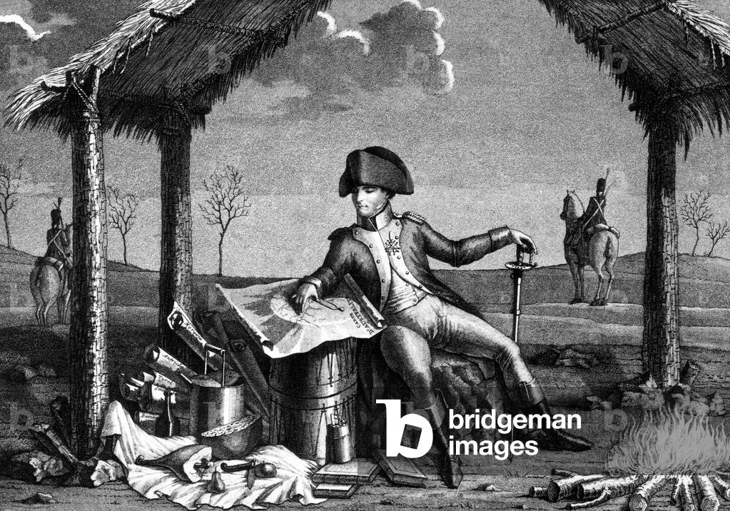French emperor Napoleon 1st in his bivouac preparing victory of Austerlitz (which took place on december 2, 1805), engraving by Verzy