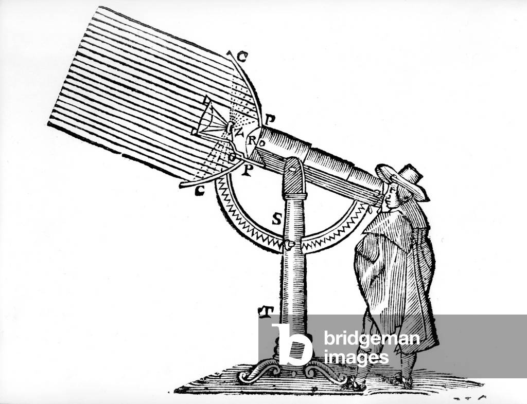 Astronomer watching in a telescope, engraving from Discours de la Methode by Rene Descartes (1637)