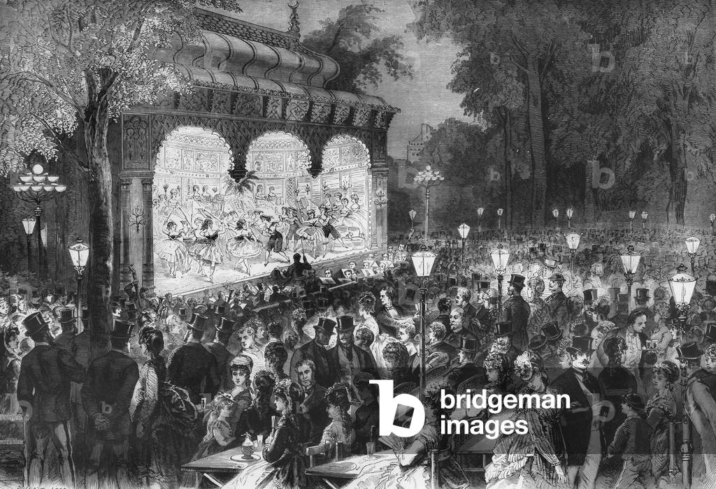 ballet show in a cafe with live music on the Champs Elysees avenue in Paris, may 1870, engraving by Jules Pelcoq