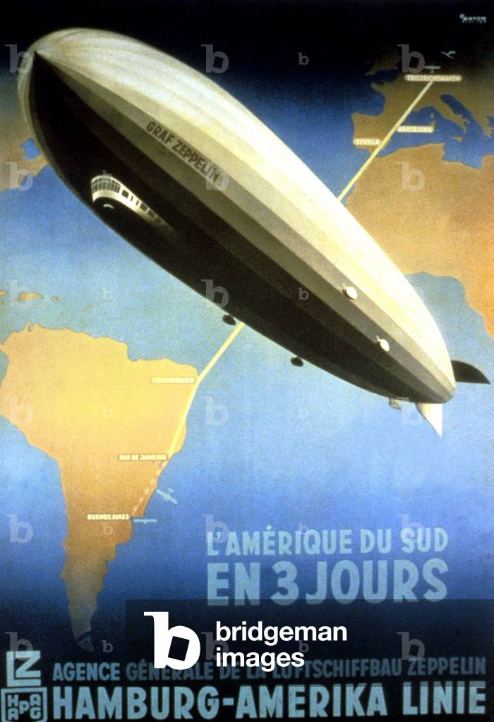 Ad poster for airship Zeppelin for trip from Germany to South America in 3 days