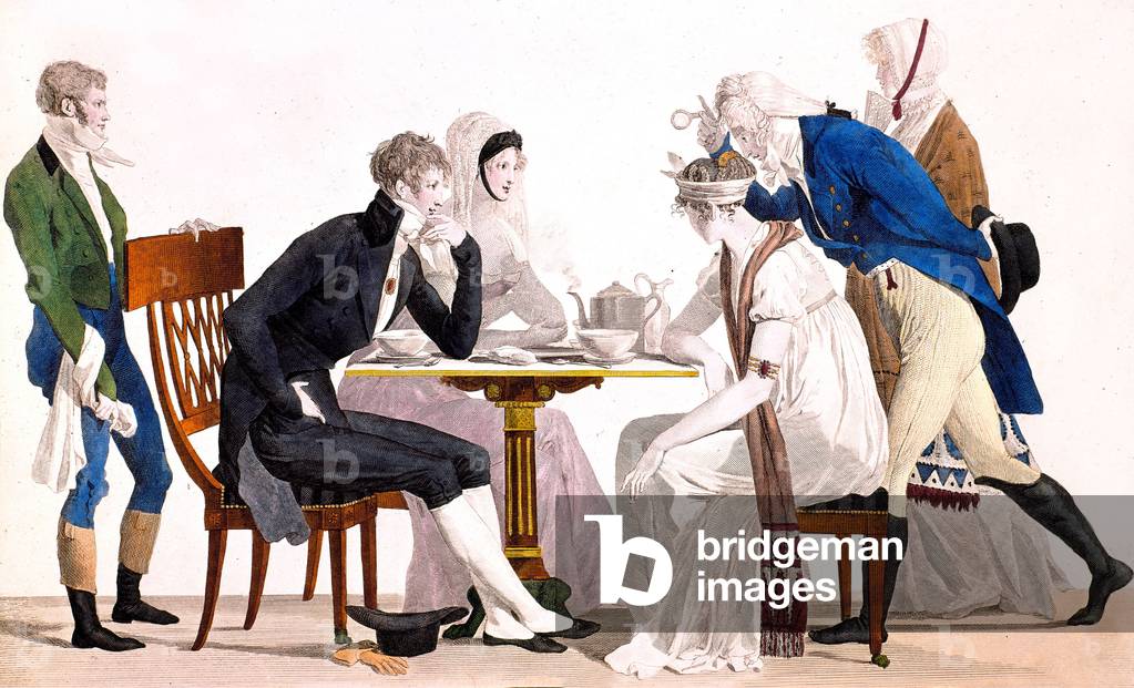 Tea time, engraving from a book about French habits at time of Directoire (1795-1799)