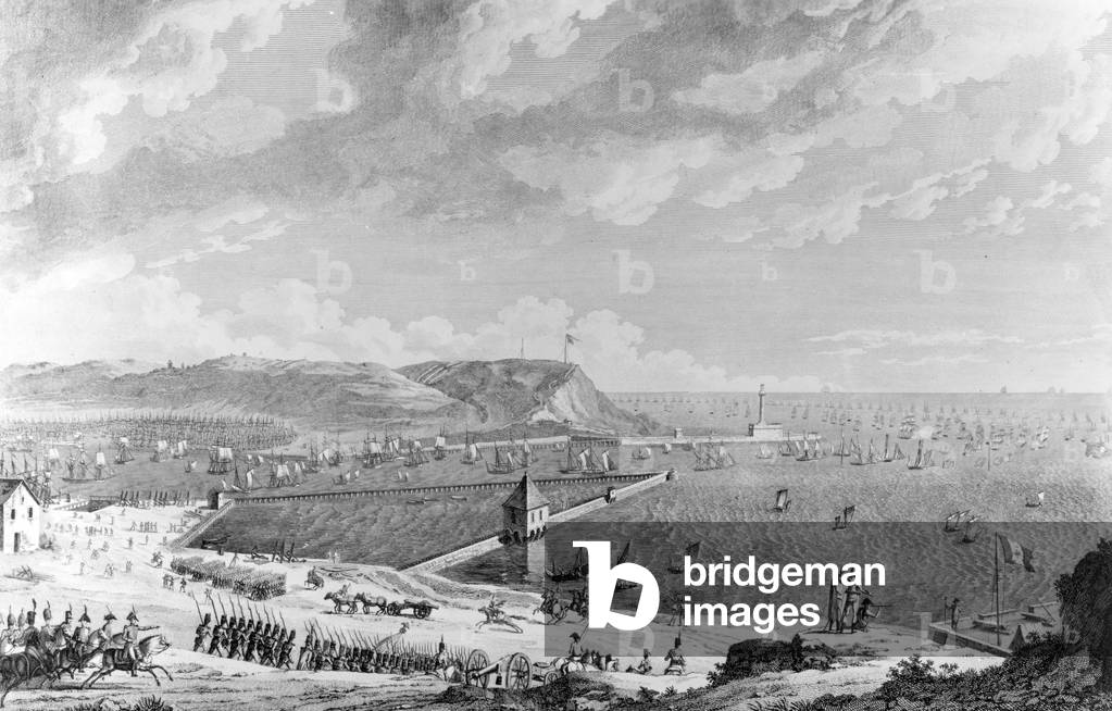 View of Boulogne-sur-Mer harbour (France) when the fleet left to attack England, on august 16, 1803, engraving by Couche after Baugean