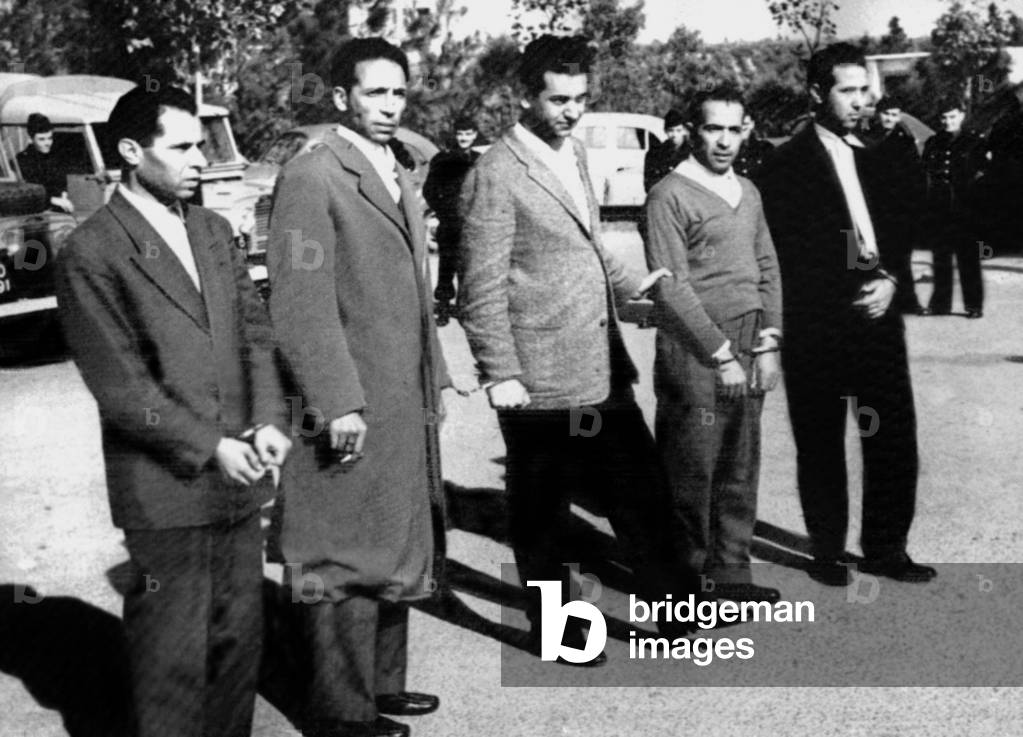 Arrest of Algerian National Front (FLN) on october 22, 1956 in Algiers during Algeria war (they remained prisoners until march 1962) : l-r : Mostefa Lacheraf, Mohamed Boudiaf, Hocine Ait Ahmed, Mohamed Khider, Ahmed Ben Bella