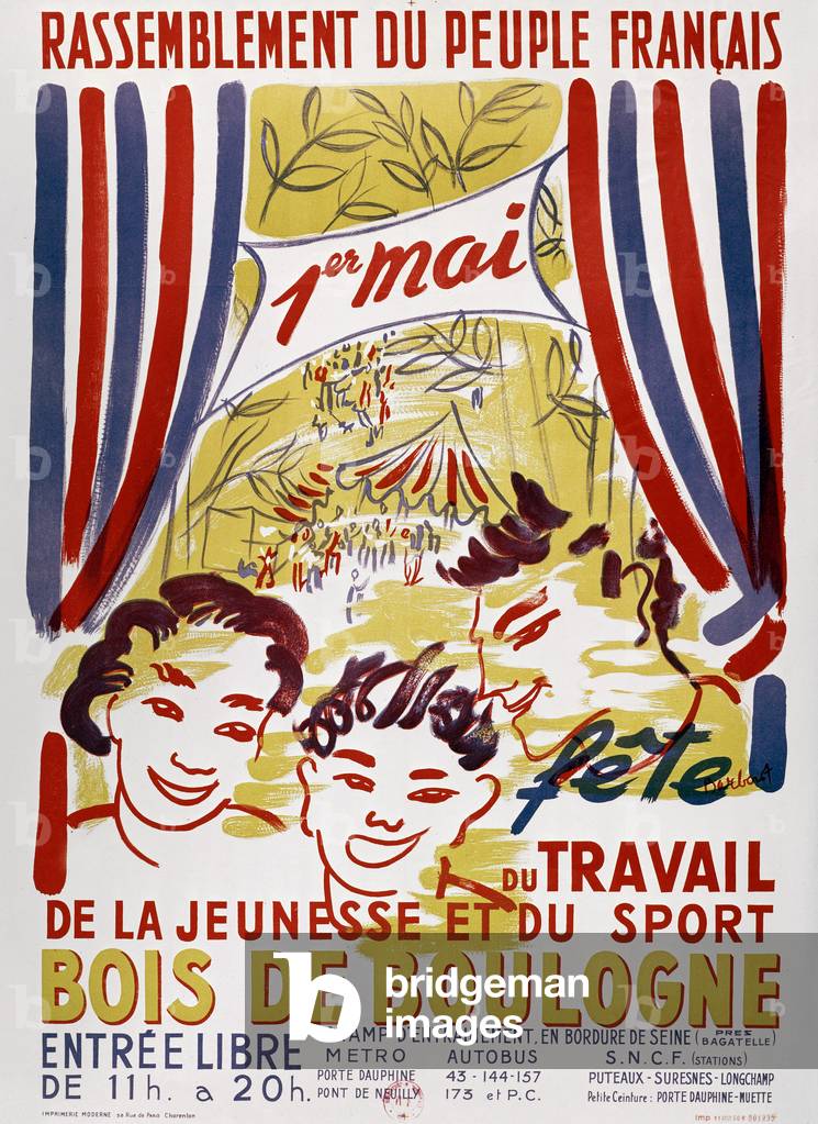 Poster by RPF (political party of the Gaullist Right) for may 1st, 1950 celebration of youth, work and sport in Paris