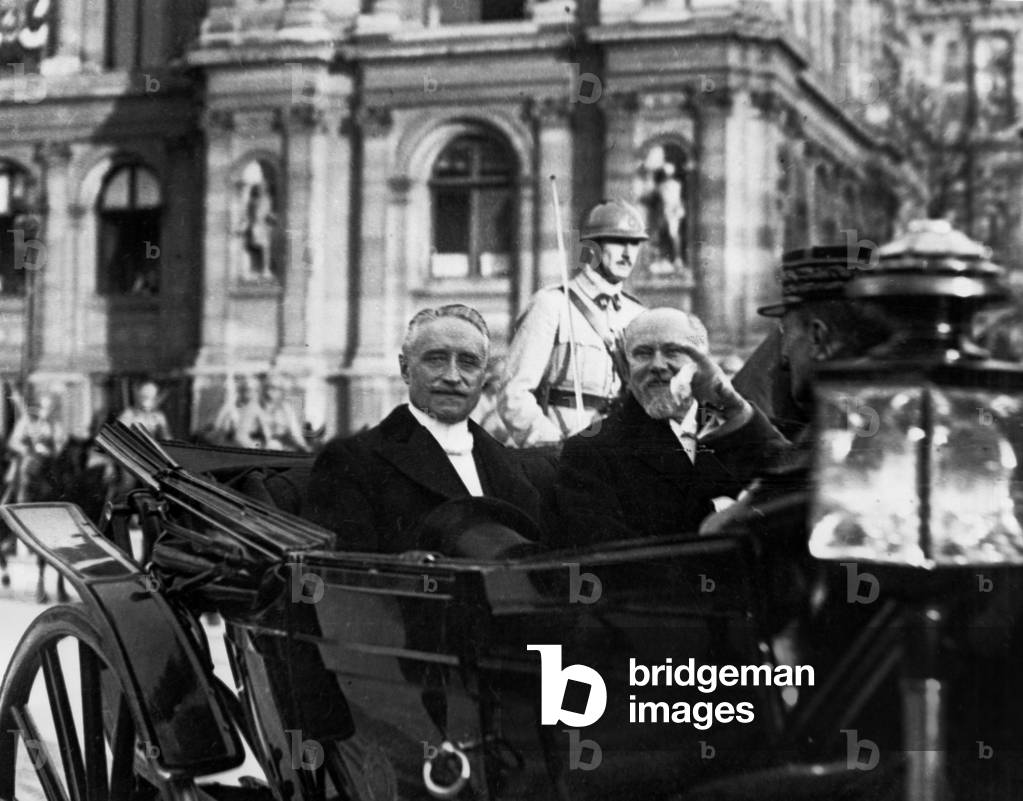 Paul Deschanel (l, 1860-1934) French president in 1920 with Raymond Poincare (r, 1860-1934) French president in 1913-1920 outside town hall in Paris in 1919