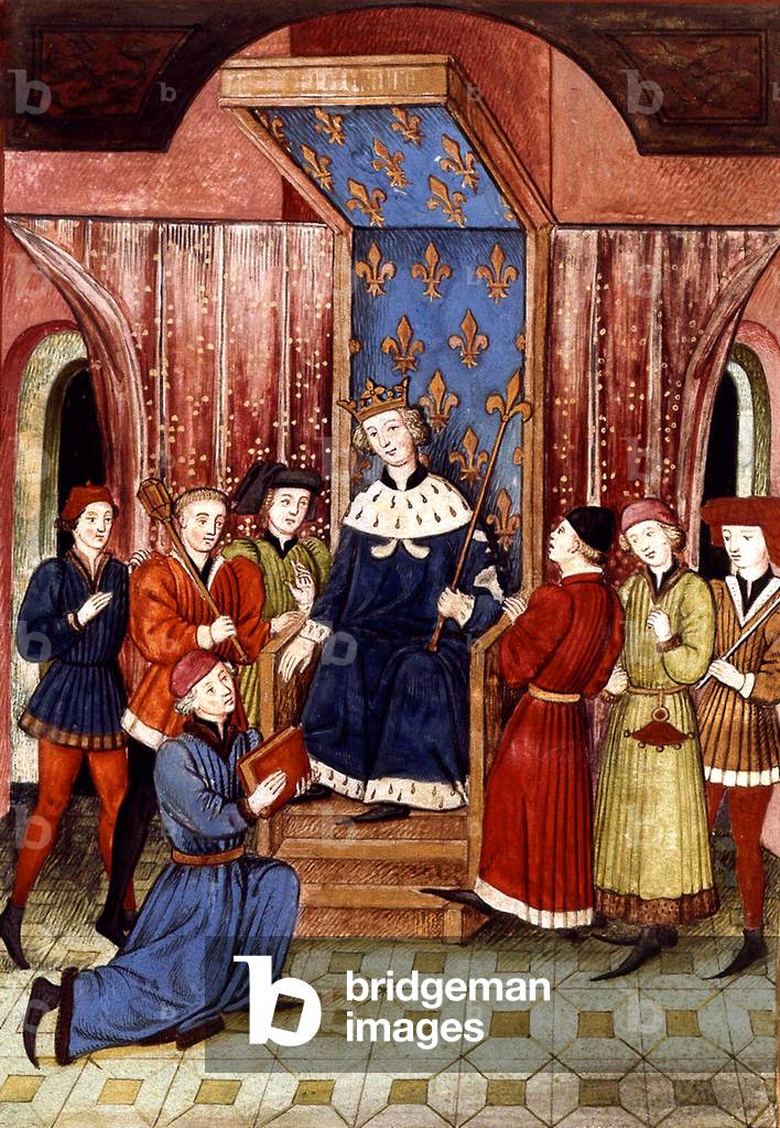 French king Philippe IV (1268-1314, king in 1285-1314) receiving Jean de Meun who give him the book De consolatione philosophiæ by Boece he has translated, illumination from this manuscript