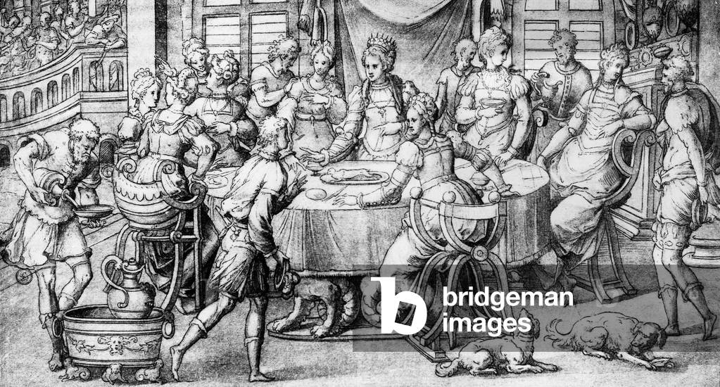 feast in a castle in the 16th century, in presence of queen Catherine de Medicis, drawing by Antoine Caron (1527-1599)