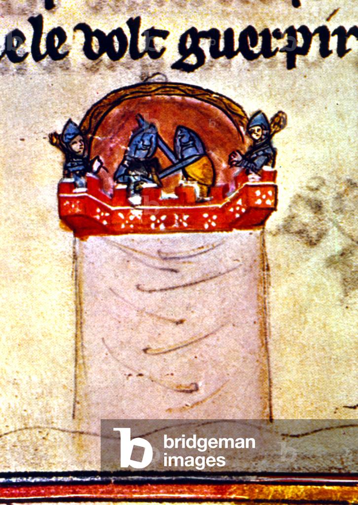 puppet show in the 14th century, detail from manuscript Novel of King Alexander 14th century, preserved in the library Bodleian of the university of Oxford