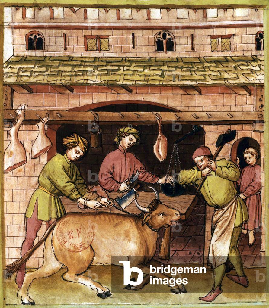 Trader of beef meat is an illumination extracting from the manuscript entitled Taqwim es siha or Tacuinum sanitatis by Ibn butlan from Rhineland, dating in the 15th century