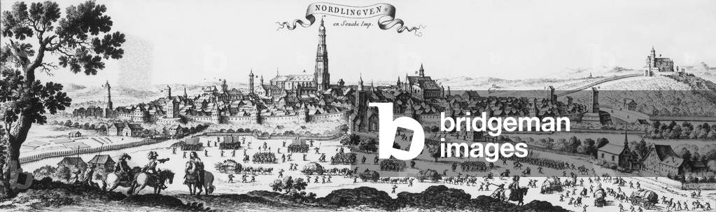 View of Nordlingen in Germany where took place 2 battles (1634 and 1645) during 30 years war, engraving