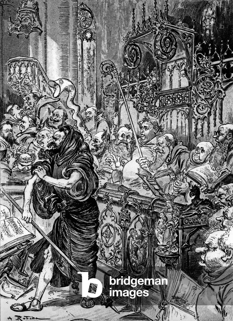 Frere Jean des Entommeures taking the stick of the cross, engraving by Albert Robida for book 