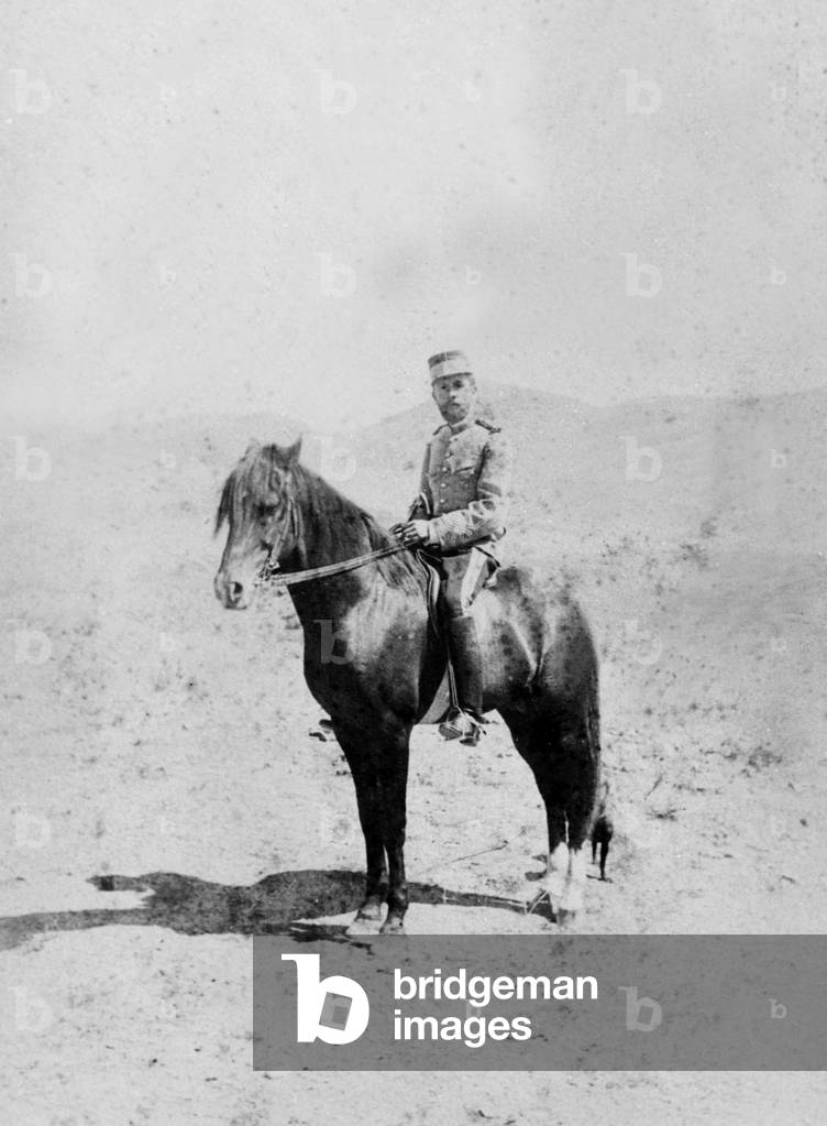 French General Louis Hubert Lyautey (1854-1934) on horse in Teniet El Had in Algeria in 1883
